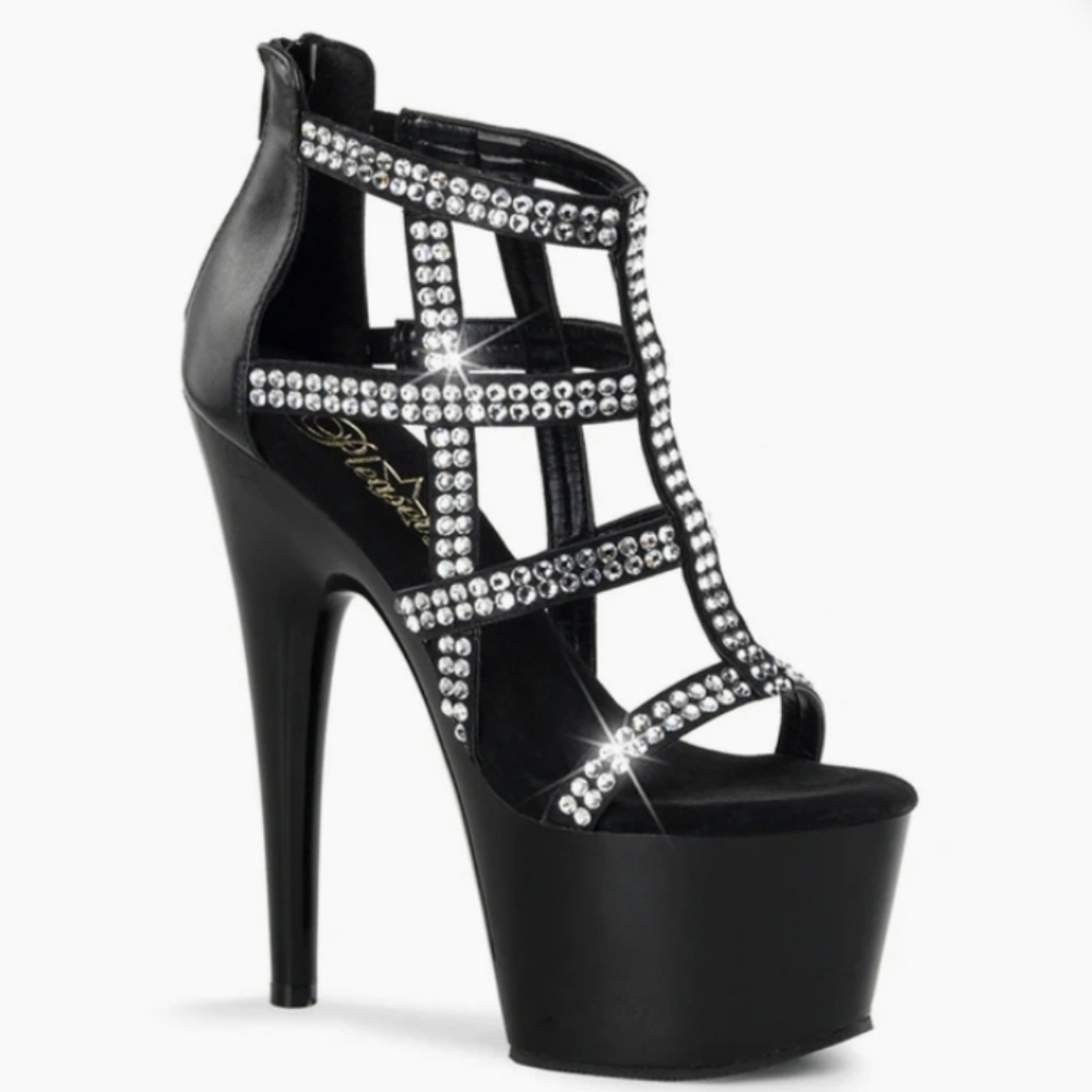Pleaser Black & Diamond Cage Bootie Stiletto Sandal - 7 - New In Box